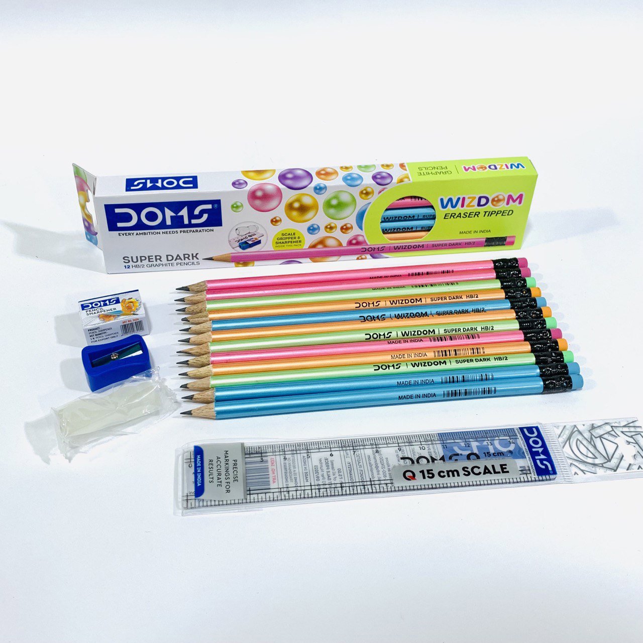 DOMS WIZDOM Pencil with Eraser & Scale15cm (Dozen)