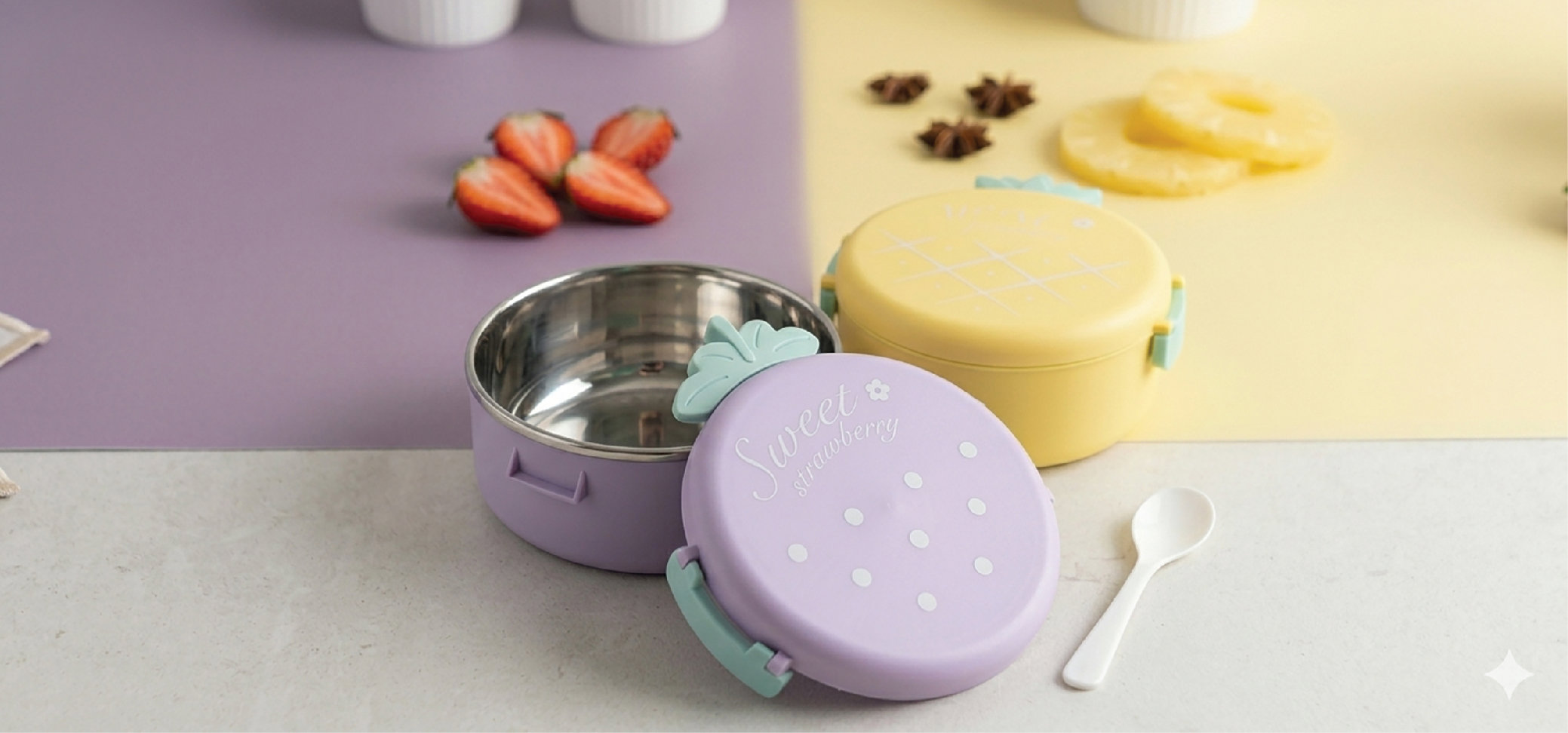 Lunch Box STRAWBERRY Stainless round shape Lilac