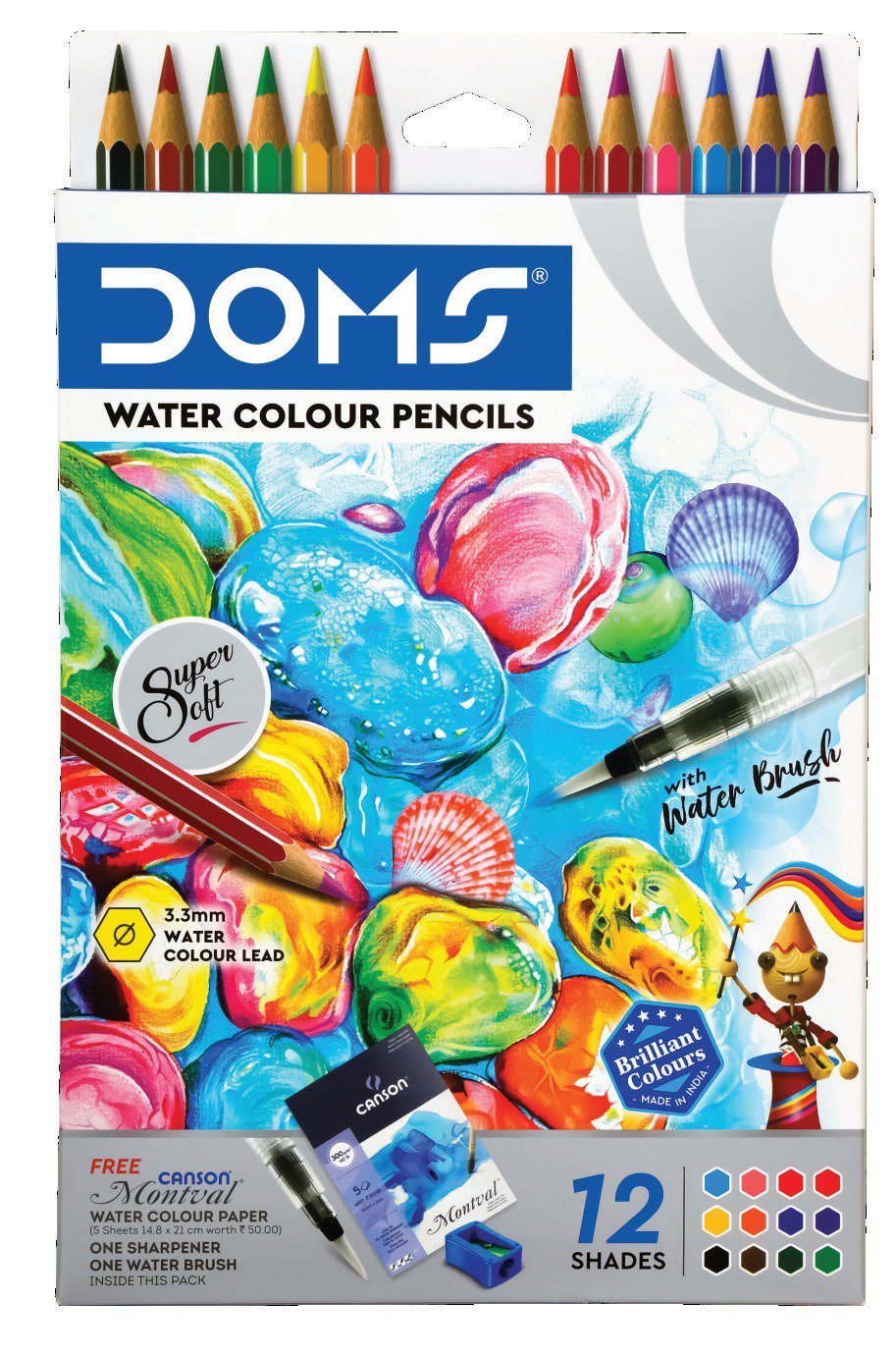 DOMS Aqua Water Colour Pencils 12colors in display